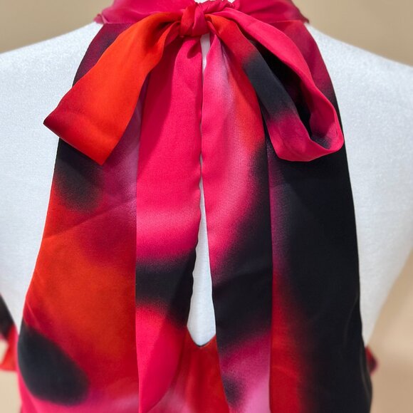 Women Vintage Express Halter Blouse Ruffle Flower Red Black Pink Size S Back Bow - Picture 3 of 11